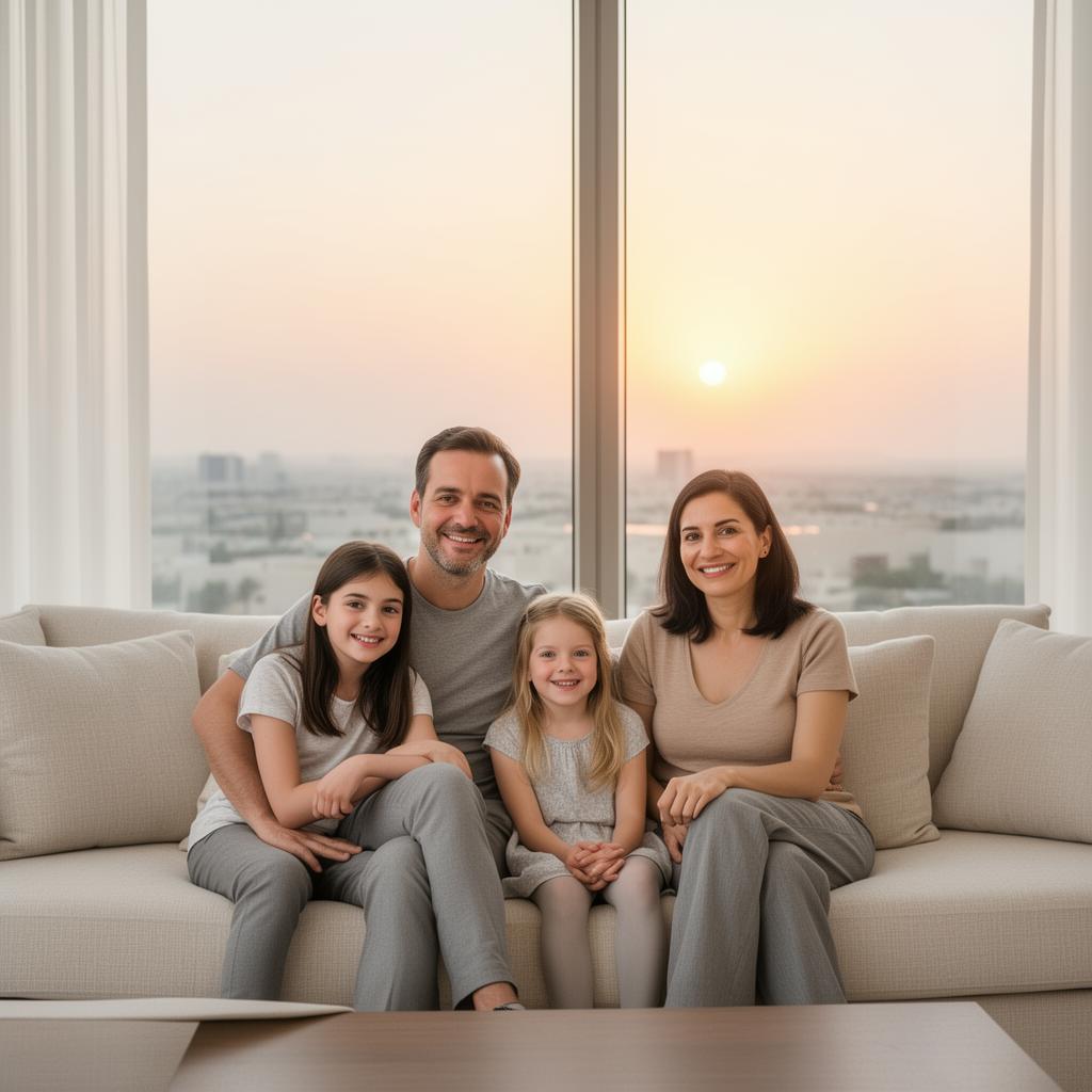 A family gathered at sunset